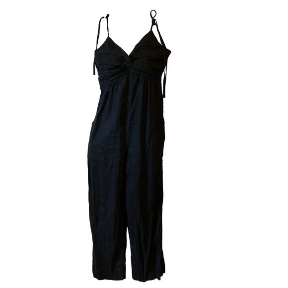 OldNavy Linen Rayon Smocked Cami Jumpsuit Babydoll Tie Shoulder WideLeg Black XS - Picture 1 of 8